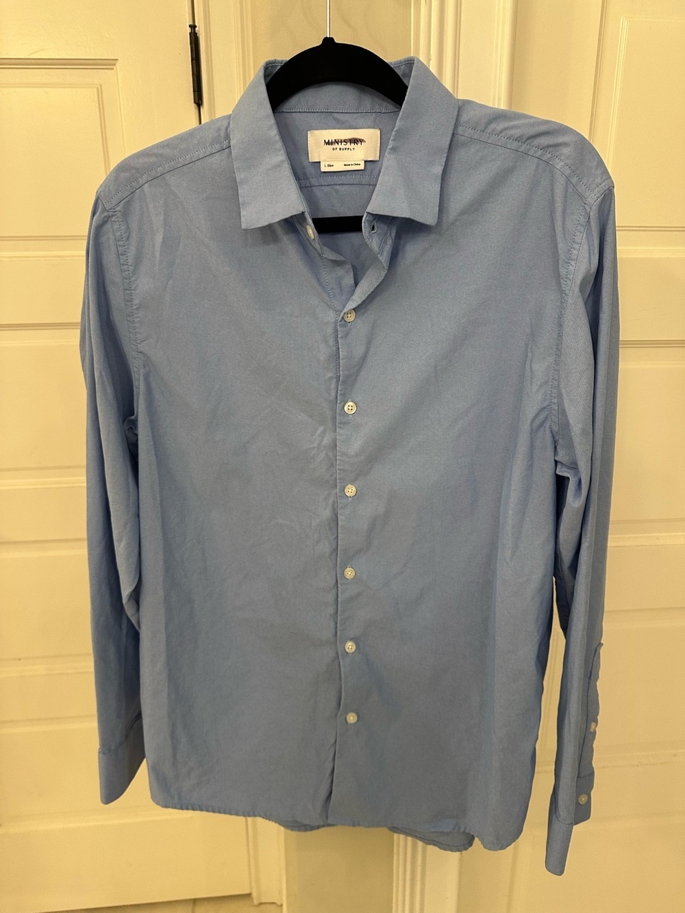 Ministry of Supply Mens L Slim Dress Shirt Blue Chambray Performance Button Down